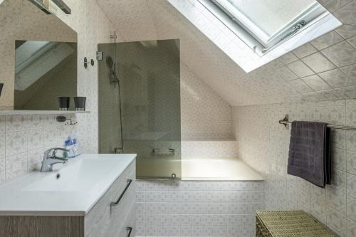 une salle de bain avec un lavabo, une douche et un miroir dans l'établissement Le Concorde en plein centre, à Amboise