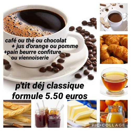 un collage di immagini di diversi tipi di caffè di Auberge à la croisée gîte "La Marne" a Saint-Barthélemy