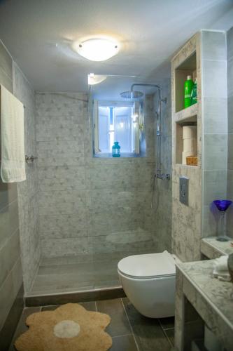 a bathroom with a shower and a toilet and a sink at The Magnolia in Skopelos Town