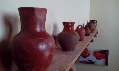 a row of vases sitting on a wooden shelf at Casa Rural La Barquilla in Acebo