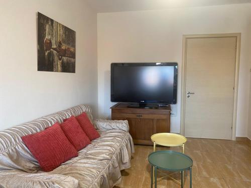 uma sala de estar com um sofá e uma televisão de ecrã plano em MINO APARTMENT em Shkodër