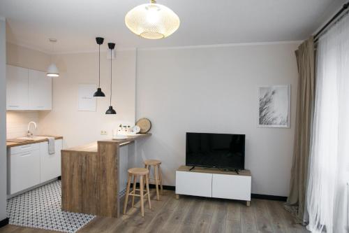 cocina y sala de estar con TV y barra. en Apartament Szczerbowskiego B, en Lublin