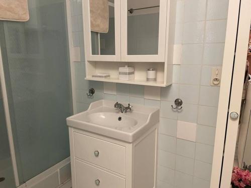 een badkamer met een witte wastafel en een douche bij Maison de village en pierre in Saint-Cyprien