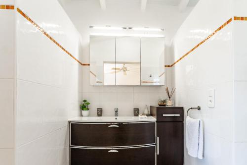 y baño con lavabo y espejo. en Villa Margaux, en Grand-Bourg