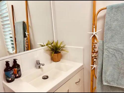 a bathroom sink with a mirror and a plant on it at Home in mission beach in Mission Beach