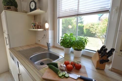 a kitchen counter with a sink and vegetables on a cutting board at Strandperle 9, PP außen in Zingst