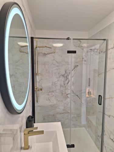 a bathroom with a shower with a sink and a mirror at Luxury Kvarner Park Villa with garden and large RGB private pool in Kastav