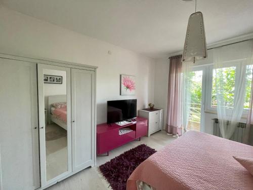 1 dormitorio con tocador rosa, TV y espejo en Apartments Maria en Umag