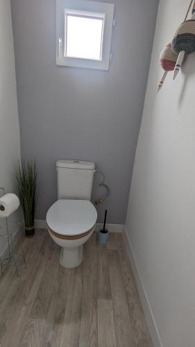 une salle de bain avec toilettes et fenêtre dans l'établissement Andernos-Maison de centre-ville avec jardin, à Andernos-les-Bains