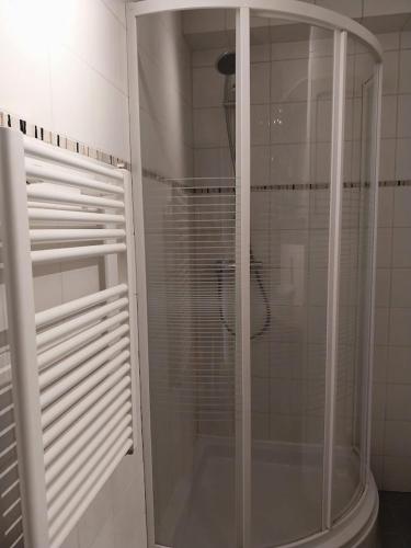 a glass shower in a bathroom with a toilet at Lovely n° 9 op ieder moment een prachtig zeezicht & zwembad in Middelkerke