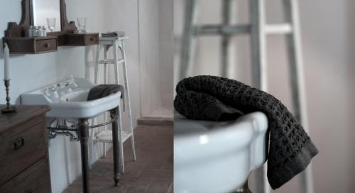 two pictures of a bathroom with a sink and a mirror at La Saracina in Pienza