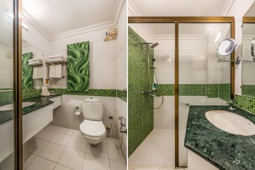 two pictures of a bathroom with a toilet and a sink at Clubhouse Nami Residency - Sabarmati Riverfront Ahmedabad in Ahmedabad