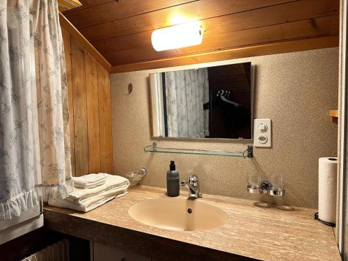 La salle de bains est pourvue d'un lavabo et d'un miroir. dans l'établissement Alpina Appartment 2, à Kandersteg