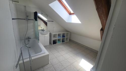 a bathroom with a bath tub and a sink and a skylight at Le cabistou in Devesset