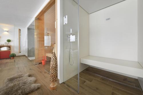 uma casa de banho com um chuveiro de vidro num quarto em Hotel Tambò em Campodolcino