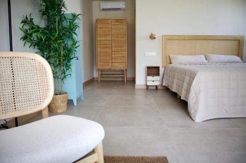 um quarto com uma cama, uma cadeira e uma planta em Alojamiento rural FINCA AZUCENA SUITE em Conil de la Frontera