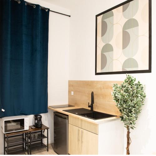 une cuisine avec un évier et un micro-ondes dans l'établissement NG SuiteHome - Lille I Roubaix Barbieux I Croix - Balnéo - Relax area - Netflix - Wifi - Kitchenette, à Roubaix