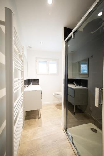 une salle de bain avec un lavabo, des toilettes et un miroir dans l'établissement NG SuiteHome - Lille I Roubaix Barbieux I Croix - Balnéo - Relax area - Netflix - Wifi - Kitchenette, à Roubaix