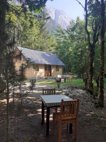 una mesa y dos bancos frente a una cabina en Guesthouse Dioni en Valbonë