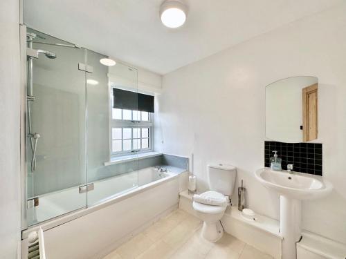 a bathroom with a sink and a toilet and a shower at Rye Court Cottage and Annex Central Hemsley in Helmsley