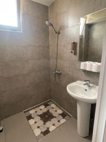 uma casa de banho com um lavatório e um chuveiro em Appartement Résidence Yassmina em Tânger