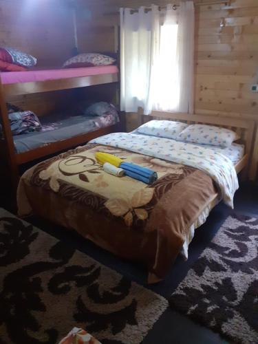 a bedroom with a bed and bunk beds with a rug at Guesthouse Dioni in Valbonë