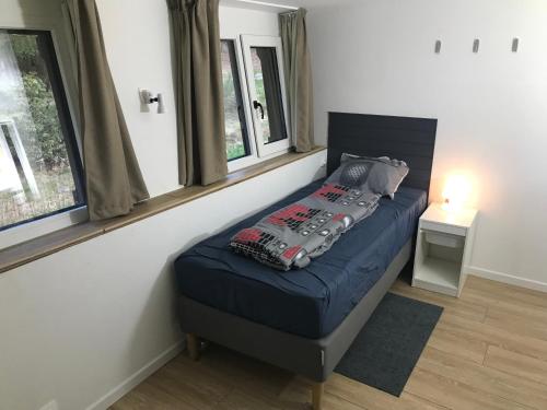 ein Schlafzimmer mit einem Bett in einem Zimmer mit Fenstern in der Unterkunft dardennen in La-Roche-en-Ardenne