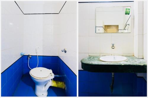 two pictures of a bathroom with a toilet and a sink at Hotel Golden Dust ! Puri - ViDi Group of Hotels in Puri
