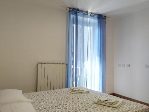 1 dormitorio con 1 cama y una ventana con cortinas azules en MI CASA TU CASA en Civitavecchia
