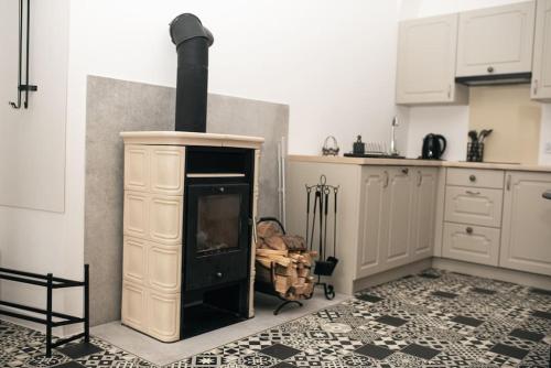 a kitchen with a wood stove in a room at Apartament Komnata in Radków