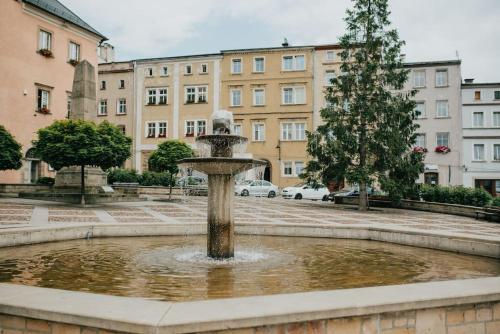 a fountain in a courtyard with buildings in the background at Apartament Komnata in Radków