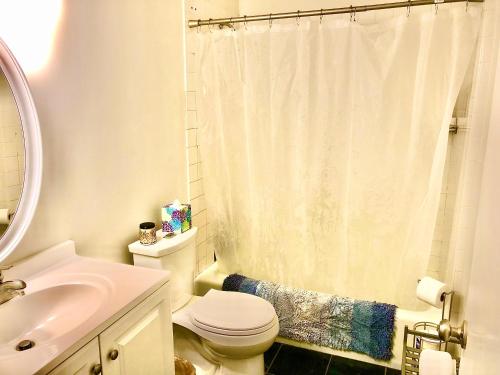 a white bathroom with a toilet and a sink at Homey 2 bedroom Apartment, Minutes from Everything! in Minneapolis