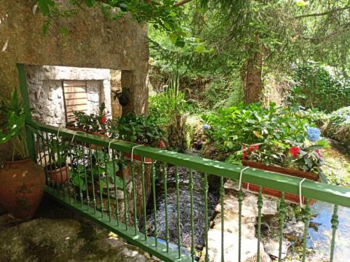 um jardim com vasos de plantas sobre uma cerca em Molino cascada de caldas de reyes em Caldas de Reis