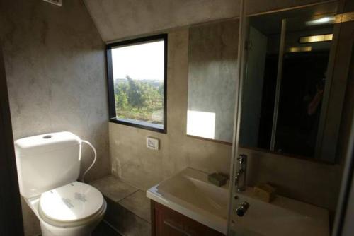 a bathroom with a toilet and a sink and a window at Boutique Bus close to Tel Aviv and BG Airport, 