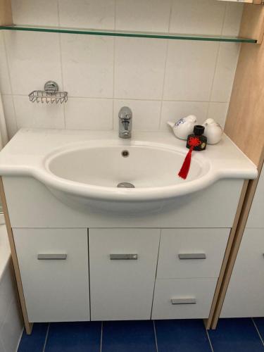 a bathroom sink with a red ribbon on it at feelaathome in Louvain-la-Neuve