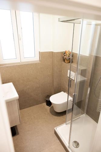 a bathroom with a toilet and a glass shower at House of Blooms in Fulda