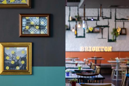 two pictures of a restaurant with tables and chairs at Leonardo Hotel Brighton in Brighton & Hove