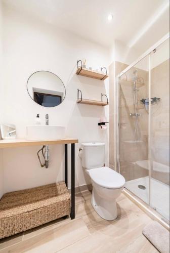 une salle de bain avec toilettes et douche dans l'établissement Le Bonheur -studio terrasse centre-ville -, à LʼIsle-sur-la-Sorgue