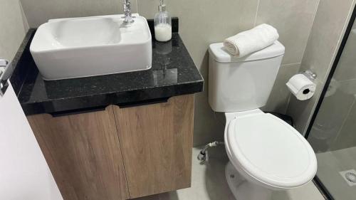 a bathroom with a white toilet and a sink at Apartamento Studio Centro Poços de Caldas in Poços de Caldas