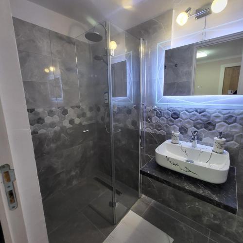 een badkamer met een wastafel en een douche bij Casa centru vechi sibiu in Sibiu