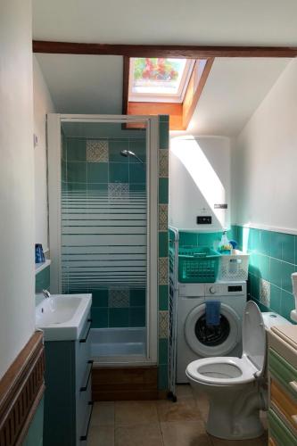 une salle de bain avec un lavabo et une machine à laver dans l'établissement Petit cocoon au calme proche de la mer, à Trélévern