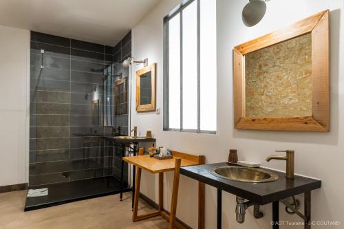 La salle de bains est pourvue d'un lavabo et d'une douche. dans l'établissement A l'Ombre d'Azay - Demeure d'Hôtes, à Azay-le-Rideau