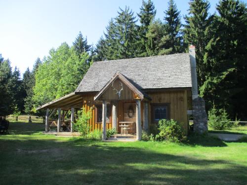 ein kleines Blockhaus in der Mitte eines Feldes in der Unterkunft Dworek Telimena in Smolniki