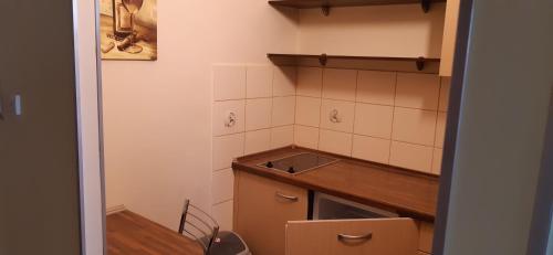 una pequeña cocina con fregadero y encimera en 2pokojowy apartament przy Starówce w Kołobrzegu, en Kołobrzeg