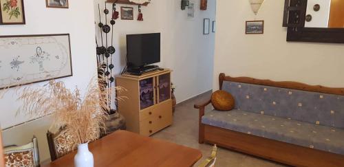 a living room with a couch and a tv at LOURANTIANIKA HOUSE in Kýthira