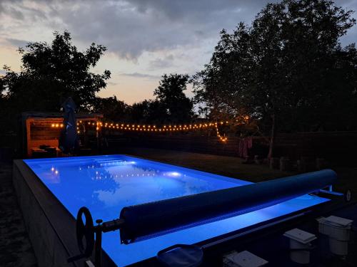 a swimming pool with lights in a backyard at night at Privatni Smještaj i Seoski Turizam "SUDAR" in Bizovac