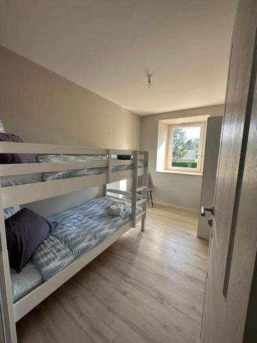 une chambre avec deux lits superposés dans une pièce dans l'établissement Gîte la maison de Victoria, à Lantriac