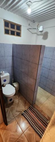 a bathroom with a toilet and a window at Apartahotel & Gym Rondon in Tortuguero