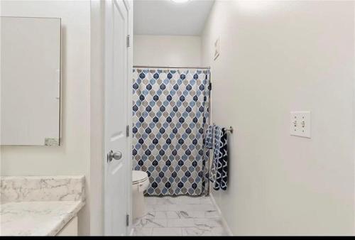 a bathroom with a toilet and a sink and a mirror at Downtown Shared Apartment in Providence