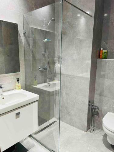 W łazience znajduje się prysznic, toaleta i umywalka. w obiekcie Appartement cosy à l'Aouina w mieście Tunis
